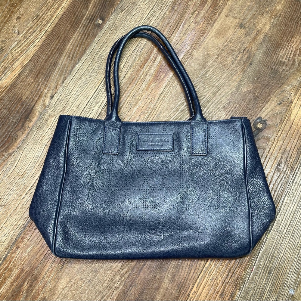 Kate Spade Navy Blue Perforated Pebbled Leather Satchel Shoulder Handbag - Picture 3 of 15
